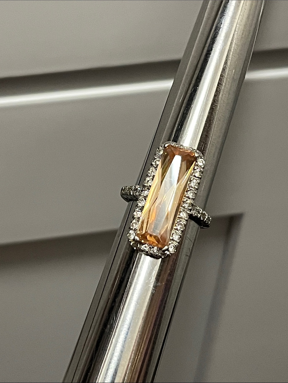 Peach Citrine with Simulated Diamond Halo Ring in White Gold Sterling